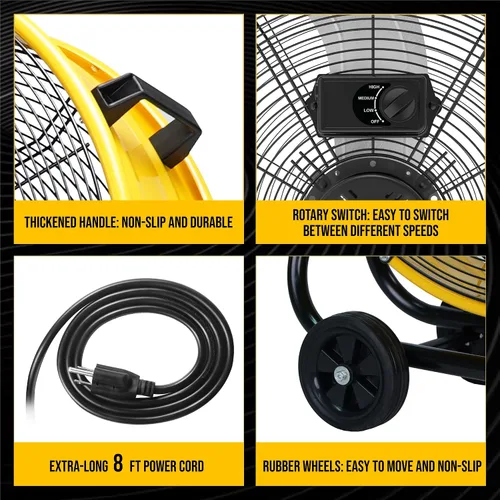Miniatura 4 de Tornado - Ventilador de tambor metálico de 24" de alta velocidad, 7700 CFM, 3 velocidades, resistente para uso industrial y comercial, motor de 1/3