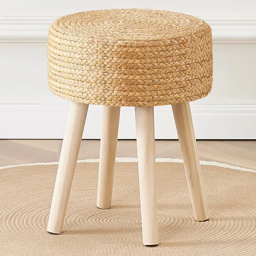 Miniatura 8 de Cpintltr Taburete otomano redondo de hierba marina natural, puf otomano con patas de madera maciza, reposapiés de jacinto tejido a mano, taburete