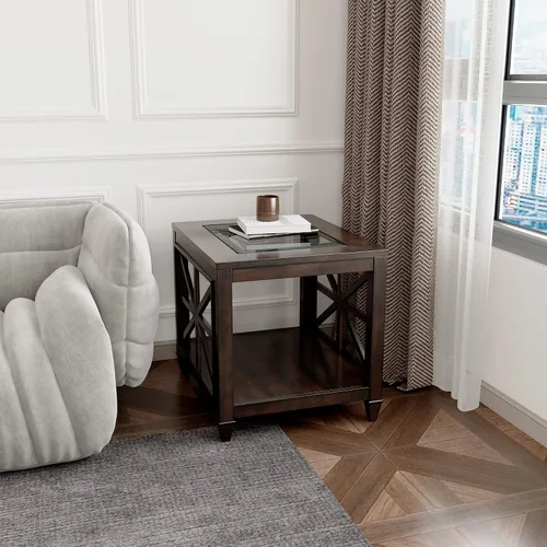 Miniatura 4 de LEEMTORIG Mesa auxiliar de vidrio de madera maciza para sala de estar, moderna mesa auxiliar grande de granja con almacenamiento, mesa auxiliar