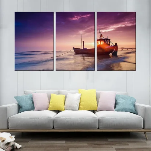 Miniatura 2 de BANHUA1 3 paneles de lienzo con diseño de puesta de sol de mar, arte de pared para decoración del hogar, velero, pintura de pared, impresión sobre