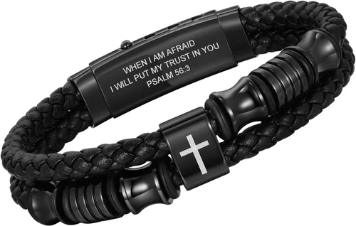 Miniatura 14 de TempBeau Pulsera de cuero negro cristiano para hombres, pulsera de cuero trenzado de doble fila con cruz de fe para hombres, regalo de joyería