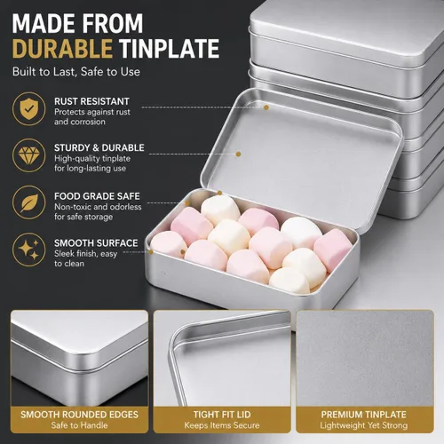 Miniatura 3 de Paquete de 8 cajas de latas de metal vacías con tapa, latas de galletas rectangulares de metal plateado para golosinas, regalos, regalos, velas