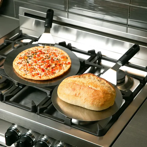 Miniatura 5 de RSVP International Endurance Pizza Tool Collection - Espátula para horno, acero inoxidable de 10 pulgadas de diámetro, mango en ángulo de silicona