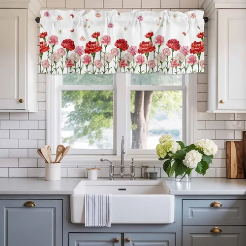 Miniatura 2 de Cenefa floral para ventanas, cortinas de clavel rojo y rosa, cenefas con bolsillo para barra, cenefa de ventana para primavera, vacaciones, día