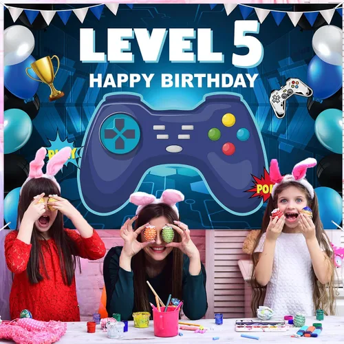 Miniatura 5 de Pancarta de nivel 5 desbloqueada con texto en inglés «Happy 5 Birthday» para decoración temática de videojuegos para niños y niñas, fiesta de 5