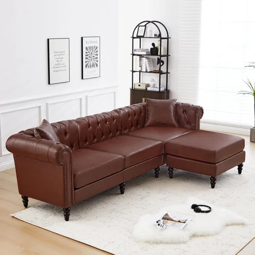 Miniatura 8 de LEVNARY Sofá seccional Chesterfield en forma de L de 108 pulgadas con otomana móvil, sofá de 4 asientos con brazos curvos, tapizado en piel
