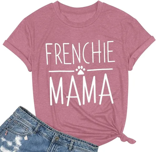 Miniatura 15 de Camiseta de manga corta con texto en inglés «Frenchie Mama», con estampado de letras para mujer, estilo casual