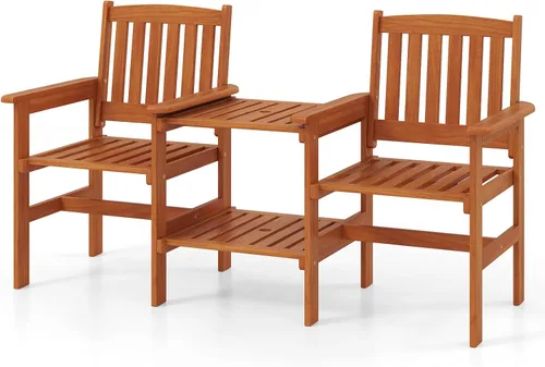 Miniatura 9 de RELAX4LIFE Sofá de dos plazas para exteriores con mesa integrada, sillas de patio de madera con mesa central y agujero para paraguas, banco