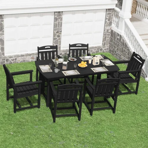 Miniatura 8 de HDPE - Juego de comedor al aire libre, mesa y sillas de patio, mesa exterior de 7 piezas y 6 sillas, agujero para sombrilla de 2 pulgadas, muebles