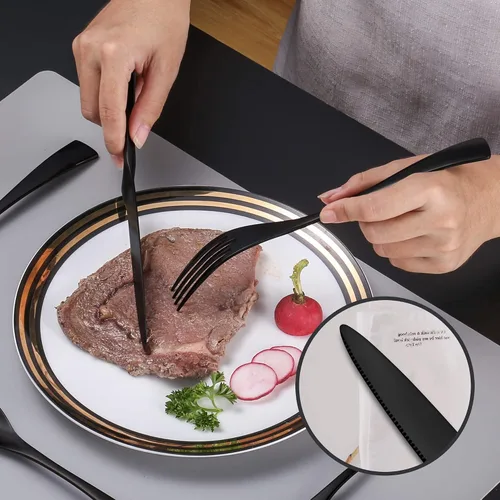 Miniatura 6 de Lemeya Juego de cubiertos negros de 24 piezas con cuchillos para carne, juego de cubiertos de acero inoxidable 18/10 forjado para 4, juego
