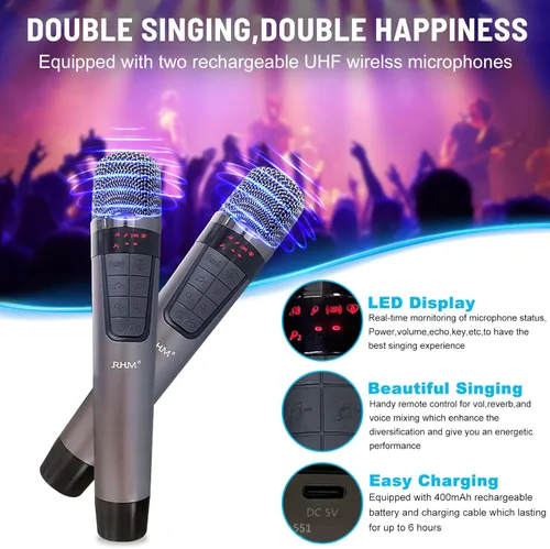 Miniatura 5 de RHM K666 - Máquina de karaoke con graves ricos y profundos, sonido potente, 2 micrófonos inalámbricos, batería recargable, 8 horas de reproducción