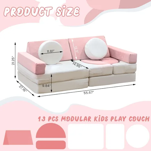 Miniatura 2 de Sofá modular de juego para niños de 13 piezas con funda de terciopelo lavable, sofá modular para niños y niñas, espuma convertible y cojín de suelo