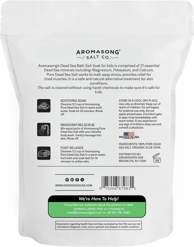 Miniatura 8 de Aromasong Sal del Mar Muerto para niños con aloe vera - Calmante, calmante y listo para dormir - Paquete resellable a granel de grano fino de 4