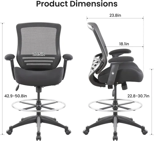 Miniatura 3 de BOLISS Silla de dibujo ergonómica de malla de respaldo medio de 400 libras para escritorio de pie, oficina, silla ancha con soporte lumbar Negro