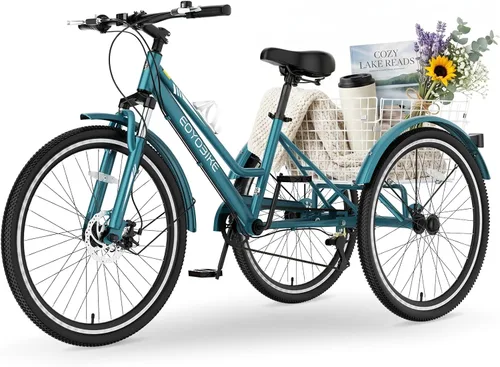 Miniatura 10 de MOPHOTO Triciclo de montaña para adultos, bicicleta de montaña de 7 velocidades y 3 ruedas para adultos, triciclo Cruiser de 24/26/27.5 pulgadas