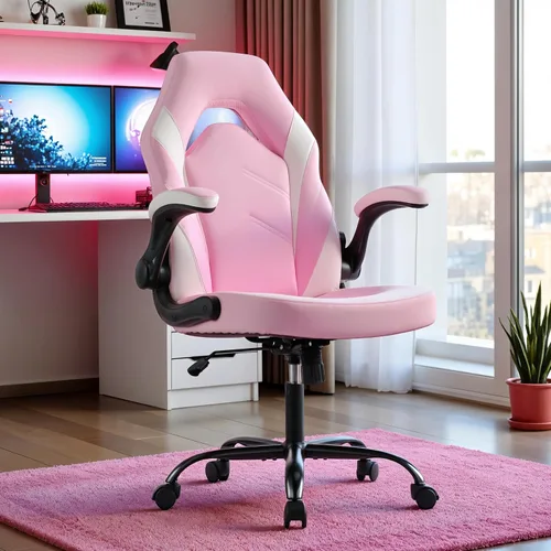 Miniatura 7 de Silla ergonómica de escritorio para juegos, silla giratoria ajustable de piel sintética con reposabrazos abatibles para oficina en casa