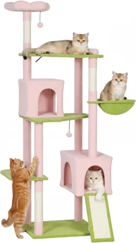 PawHut Árbol de flores para gatos, torre grande de 74 pulgadas para gatos de interior con 2 amplios condominios, postes rascadores de sisal, 2 bolas