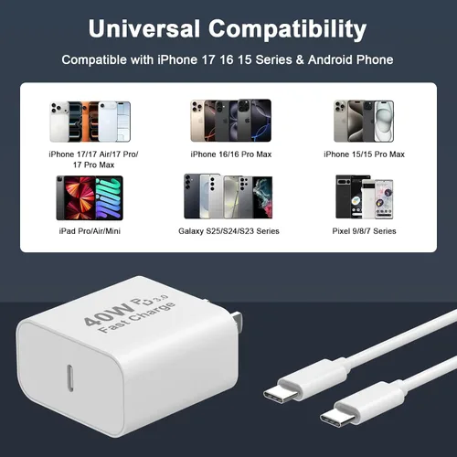 Miniatura 4 de [Certificado MFi de Apple] Cargador para iPhone 17 Pro Max de carga rápida, PD 40 W USB C bloque de carga con cable de carga tipo C de 6 pies