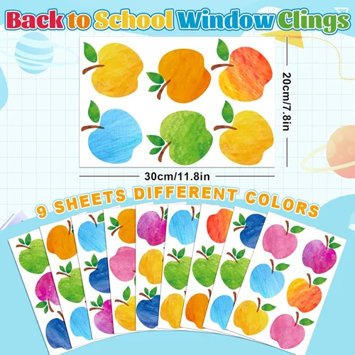 Miniatura 4 de Whaline 9 hojas coloridas de manzanas para ventana, calcomanías de doble cara para ventana de regreso a la escuela, manzanas de acuarela