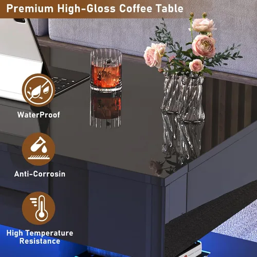 Miniatura 8 de 39.4" Mesa de café grande con tapa elevable, modernas mesas de café LED de alto brillo para sala de estar con almacenamiento, mesas de salón negras