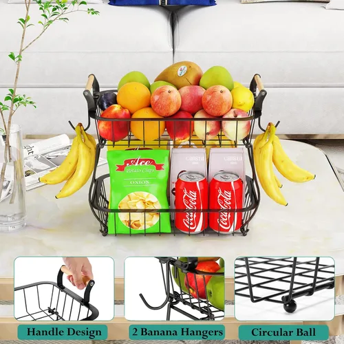 Miniatura 4 de ANTOPY Canasta de frutas de 2 niveles con 2 colgadores para plátanos, Cesta de frutas y verduras para encimera de cocina, Tazón de metal con alambre