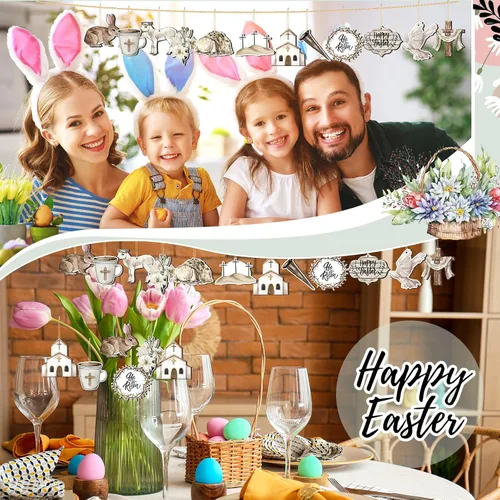 Miniatura 6 de 36 piezas de adornos de Pascua para árbol de Pascua, cesta colgante de flores de conejo, decoración colgante de conejito de madera, adornos