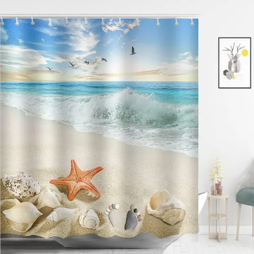Miniatura 3 de Seashell - Cortina de ducha de playa con estrellas de mar y cielo azul, decoración de baño, 72 x 72 pulgadas con ganchos