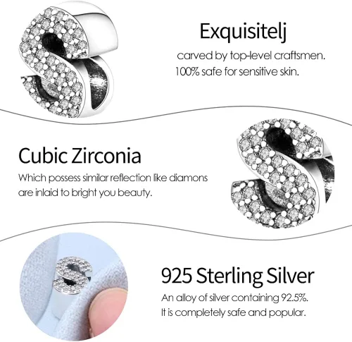 Miniatura 5 de Pandach Alphabet Initial Charms Letter Complete A-Z Letters Solid Silver Cubic Zircons Beads Dangle Pendants for European Bracelets Necklace Women