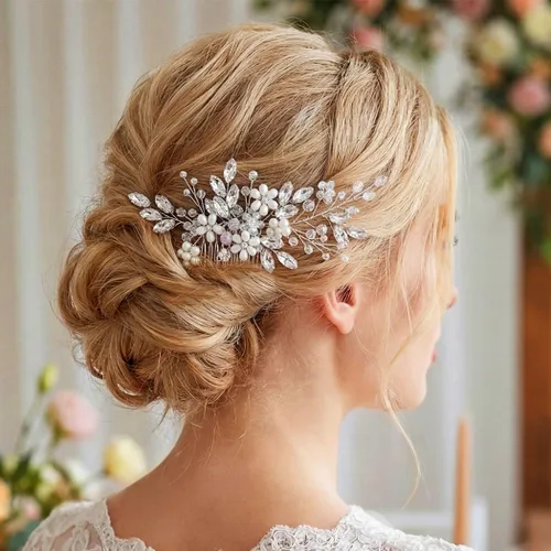 Miniatura 6 de Unicra Peine para el cabello de boda con flores de novia, peine lateral plateado, accesorio para el cabello para mujeres y niñas (dorado)
