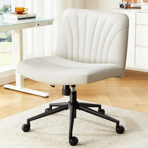 Marsail Silla Cruzada con Ruedas: Silla de Oficina de Cuero PU con Patas Cruzadas, Silla de Escritorio Ancha sin Brazos, Silla Giratoria de Altura