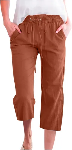 Miniatura 24 de Ceboyel Pantalones capri para mujer para verano, cintura elástica, pantalones de yoga, con cordón, pantalones de lino, pantalones de entrenamiento