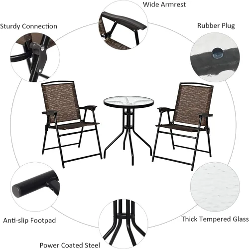 Miniatura 3 de KOTEK Juego de 3 muebles de exterior con mesa redonda y 2 sillas plegables, mesa de vidrio templado, mesa de bistró y sillas para balcón, porche