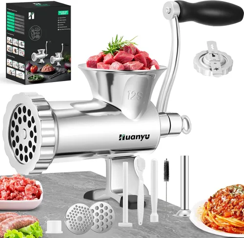 Huanyu Picadora manual de carne de alta resistencia, máquina de pulir carne de manivela de acero inoxidable con accesorios para hacer galletas #12S