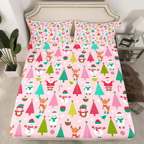 Miniatura 9 de Juego de sábanas con diseño de Papá Noel y muñeco de nieve para niños, niñas y niños, de temática navideña, juego de cama con diseño de árbol