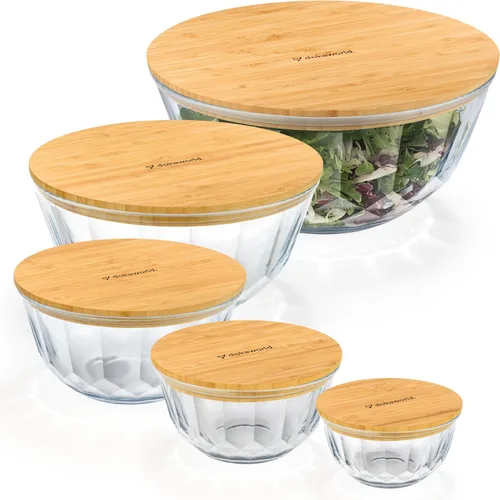 Juego de 5 cuencos apilables grandes de vidrio anidables con tapas de bambú para preparación de alimentos, almacenamiento, horneado, mezcla de masa