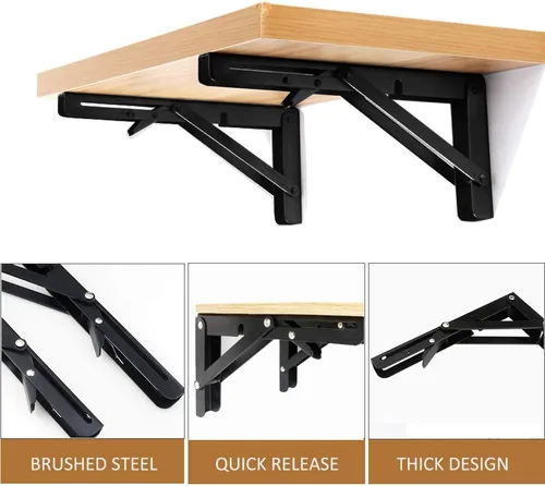 Miniatura 3 de Jolitac Soportes plegables de pintura negra de 10 pulgadas – Soporte de estante plegable de metal resistente para mesa de banco, bisagra de estante