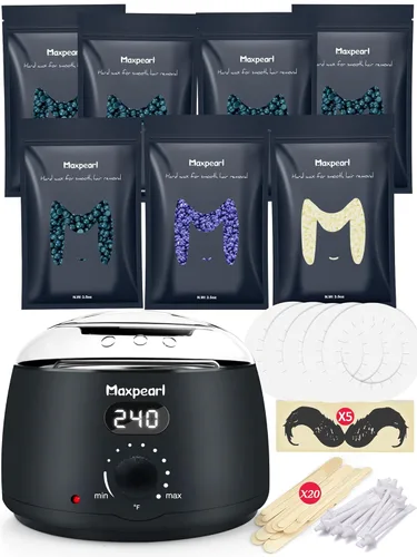 Maxpearl Kit de depilación digital para el hogar, 7 paquetes de cuentas de cera dura para depilación corporal + calentador de cera digital +