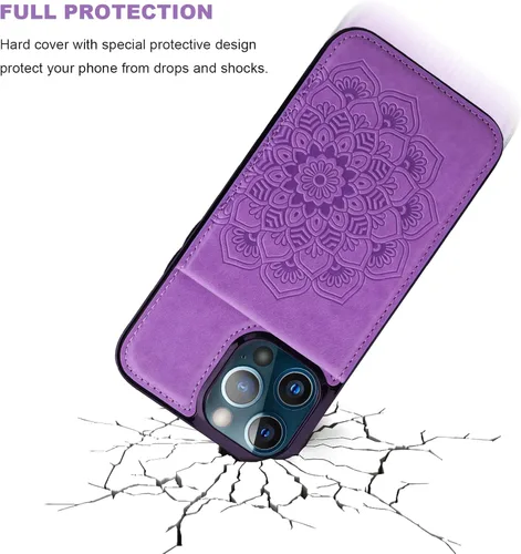 Miniatura 5 de Vaburs Funda tipo cartera para iPhone 13 Pro Max, funda con función atril y soporte para tarjeta de crédito, diseño floral de mandala en relieve