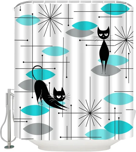 Miniatura 10 de Cortina de ducha de gato negro de mediados de siglo, azul y gris, moderna, atómica, abstracta, geométrica, patrón icónico, retro, negro, gatito
