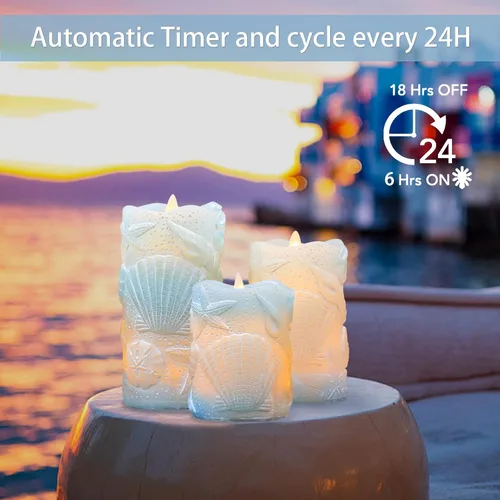 Miniatura 6 de MELTONE Velas LED sin llama azul océano con mecha parpadeante con carcasa de cera real con control remoto, decoración náutica de fiestas de boda