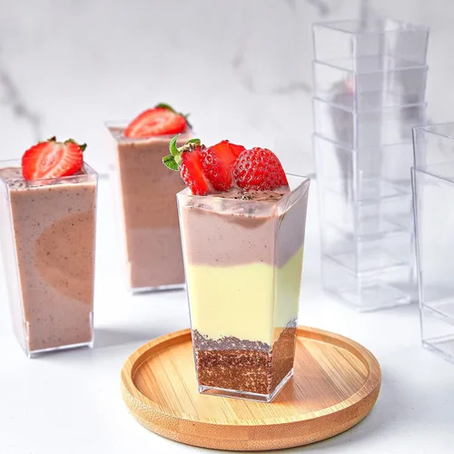 Miniatura 5 de TOFLEN Paquete de 100 mini tazas cuadradas de postre de 3 onzas con cucharas de plástico transparente para fiestas, yogur, parfait, pastel de queso