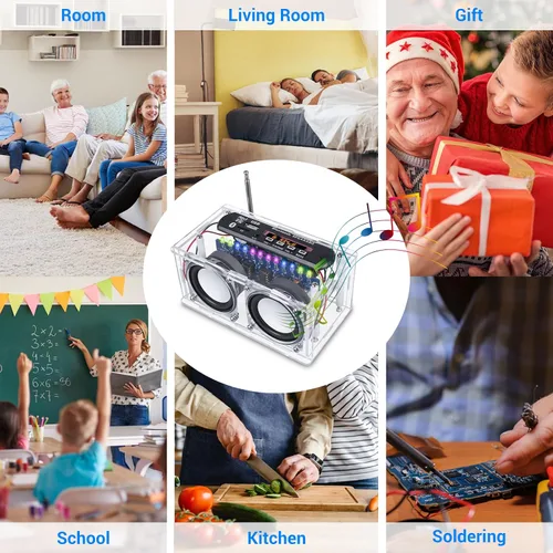 Miniatura 8 de Kit de altavoces compatible con Bluetooth, función de grabación, kit de práctica de soldadura de radio FM con espectro LED, soporte