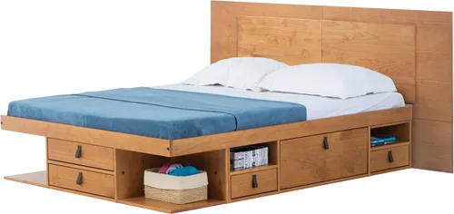 Miniatura 6 de Memomad Bali Slim Set: Plataforma de almacenamiento con cajones + Cabecero de panel plano (Tamaño completo, madera marrón roble)