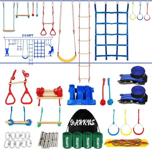 Miniatura 7 de Carrera de obstáculos Ninja Warrior para niños, línea floja duradera de 65 pies con 13 obstáculos, barras de mono, entrenadores de brazos y más