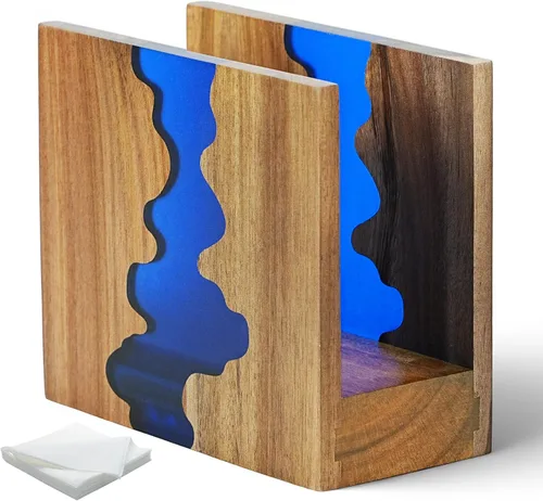 Miniatura 11 de Servilletero de madera de acacia para mesa, hecho a mano con diseño único de ondas y base resistente de 1.2 in para mesa de cocina, comedor, Blanco