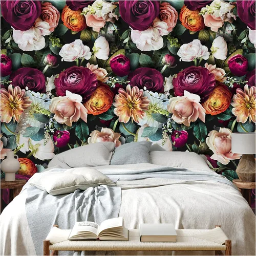 Miniatura 2 de HAOKHOME Papel tapiz floral para despegar y pegar, diseño de rosas y margaritas, removible, negro/rosa/morado, mural salvaje adhesivo, 17.7 pulgadas