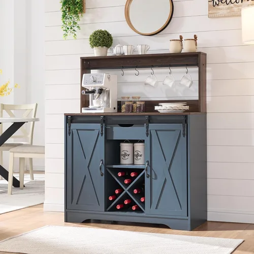 Wnutrees Armario de barra de café de granja con estación de carga y puertos USB, puerta corrediza de granero, aparador de cocina de 39 pulgadas, Azul