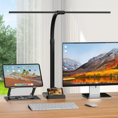 lámpara LED de escritorio con base - brillante lámpara de computadora regulable con soporte para teléfono, luz de escritorio flexible de 24W para