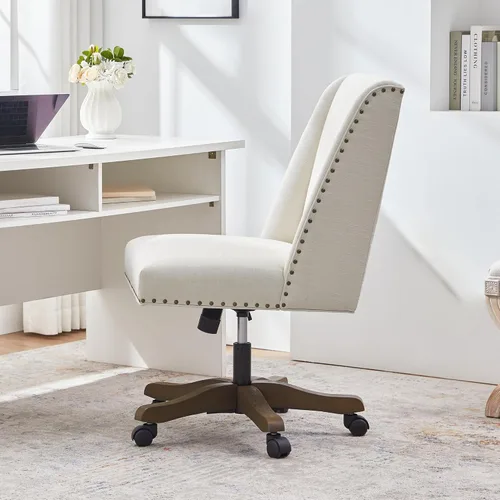 Miniatura 8 de Zihanhome Silla de Oficina Tapizada Sin Brazos con Patas de Madera, Moderna Silla de Escritorio Ajustable con Patrón Cruzado para Oficina en Casa