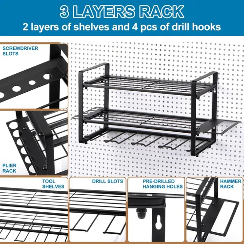 Miniatura 4 de HARFINGTON Organizador de herramientas eléctricas, 3 capas, 4 estantes de almacenamiento de taladros, estilo de montaje en pared, estante